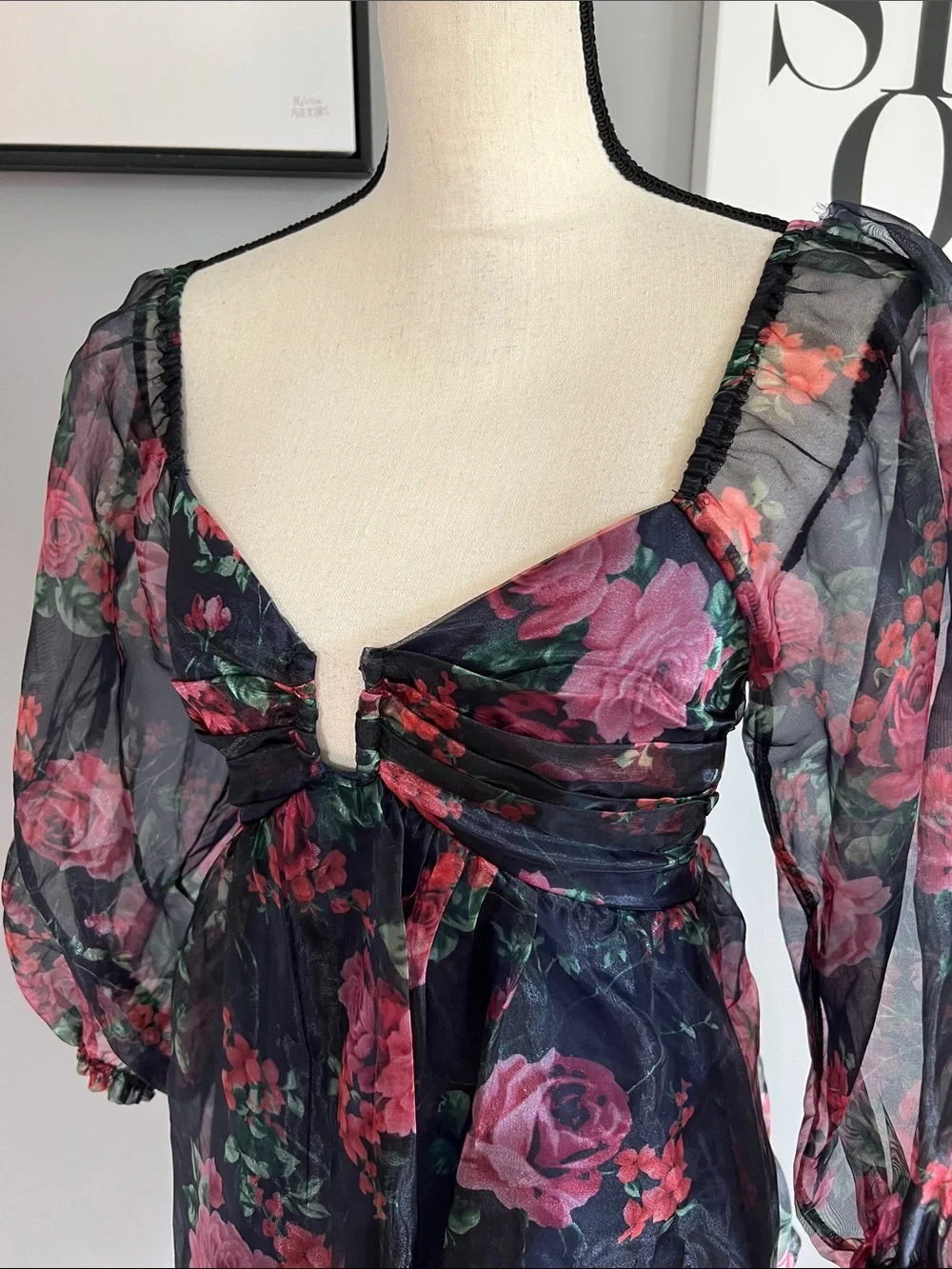 Lulus Sweetly Flirty Navy Blue Floral Organza Puff Sleeve Mini Dress - Picture 3 of 9
